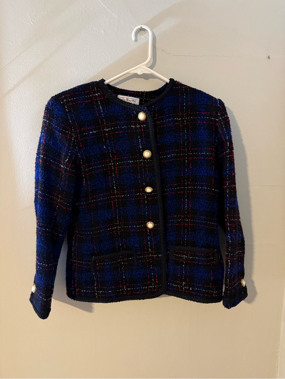 Talbots Navy Plaid Tweed Jacket with Gold Buttons